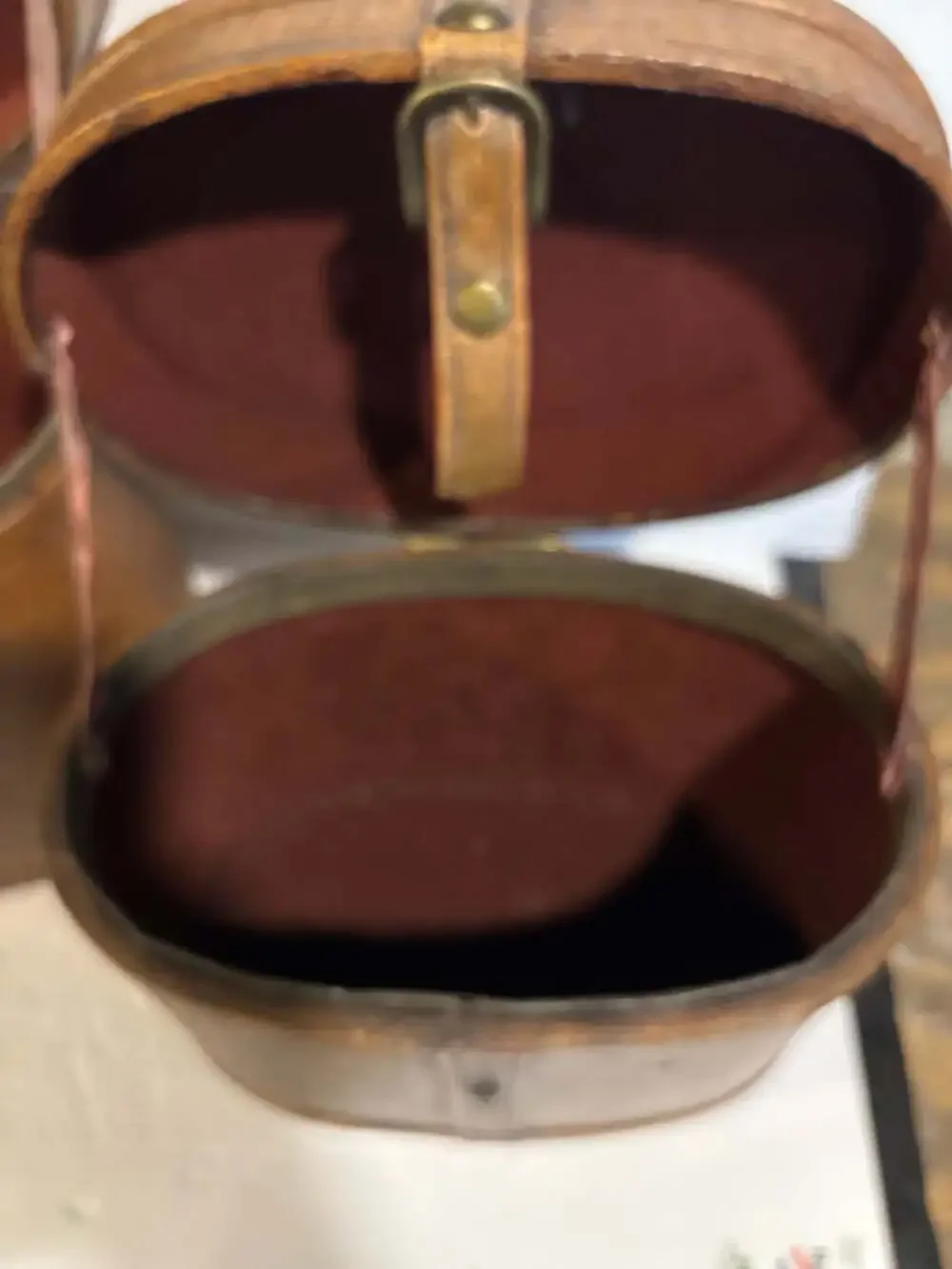 Vintage Oval Leather Hat Box with Brass Buckle and Burgundy Lining